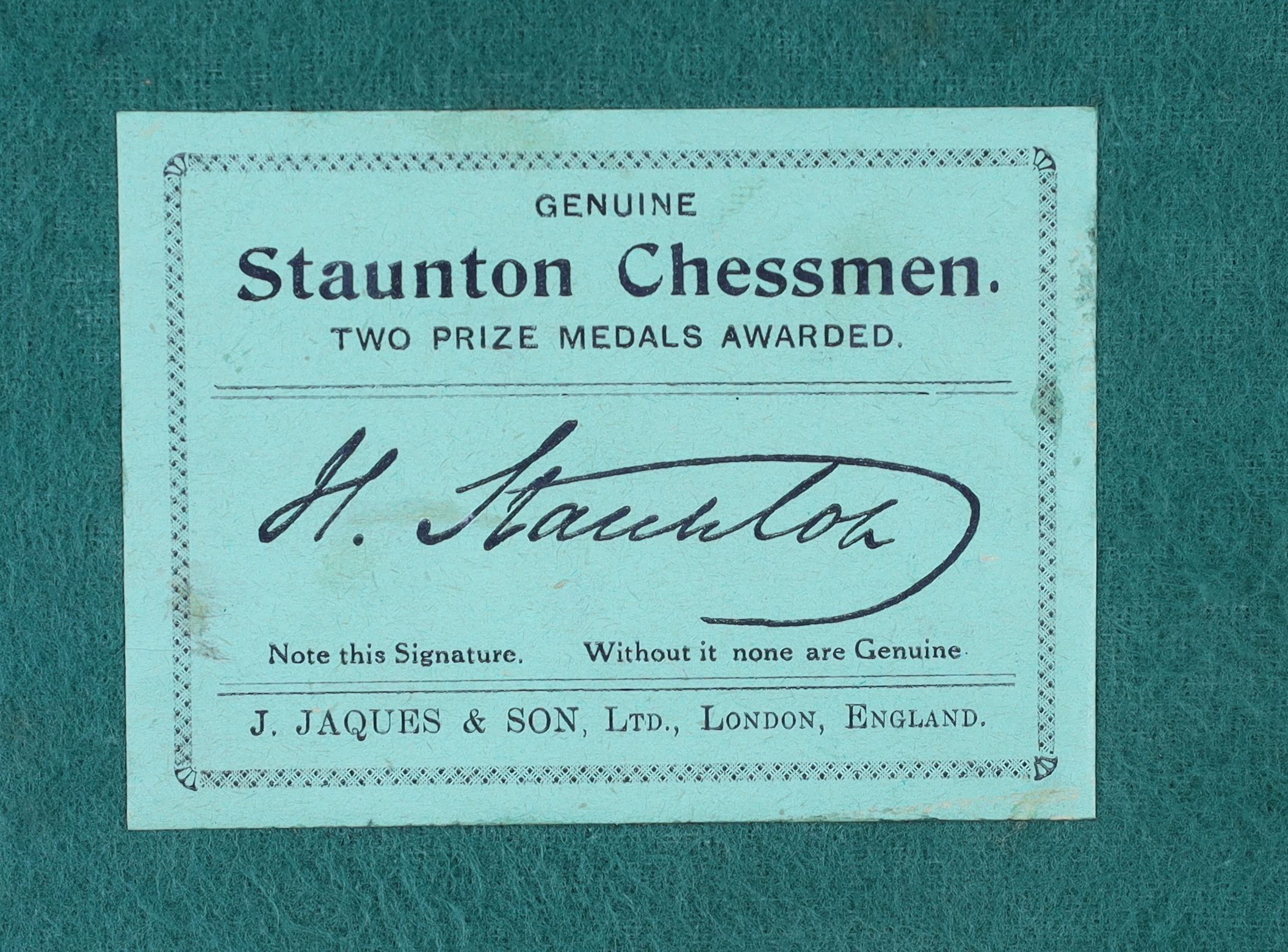 A Jaques & Son Ltd, London 4 in. club size Staunton boxwood and ebony chess set.